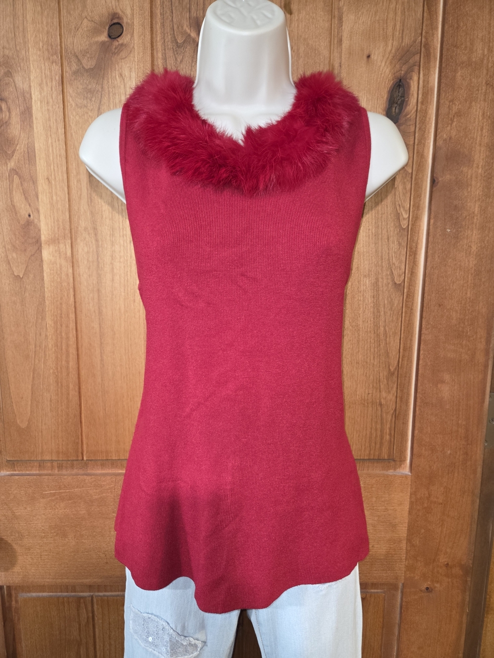 Michelle Nicole Red Sleeveless Sweater Tank with Real Fur Neckline